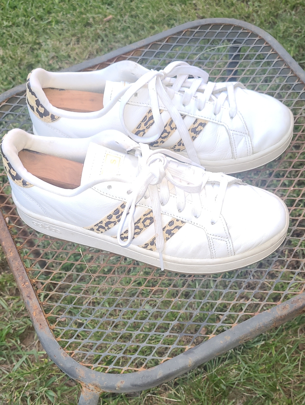 adidas White Sneakers with Leopard Stripe Accents Womens Size 8